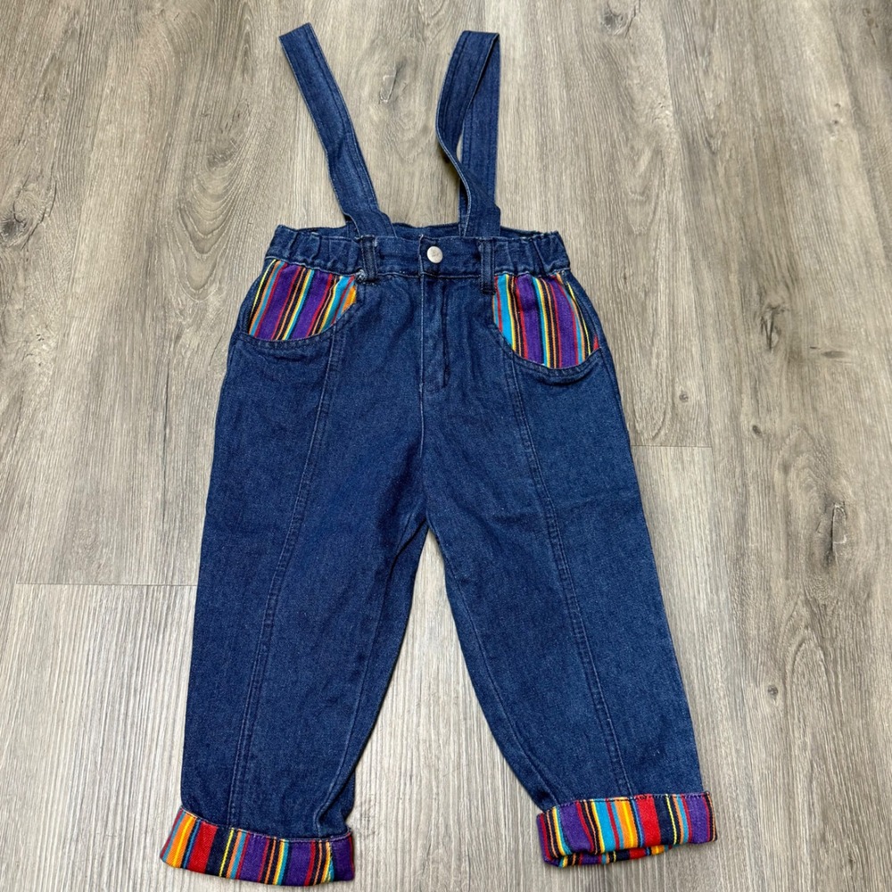 Vintage 90s Little By Little Toddler 2T Denim Set Rainbow Striped Suspenders Set - Picture 6 of 8